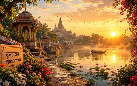 Vrindavan temple with lotus pond and golden sunrise