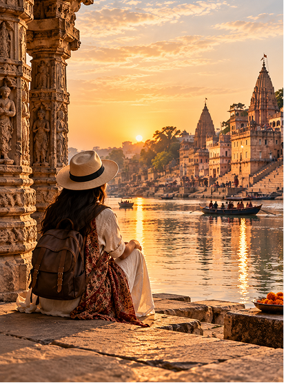 Traveller seated beside heritage stone pillars overlooking sacred river ghats at sunrise