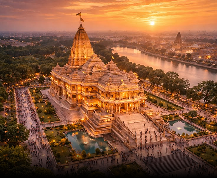 Grand temple complex at Ayodhya at golden sunset