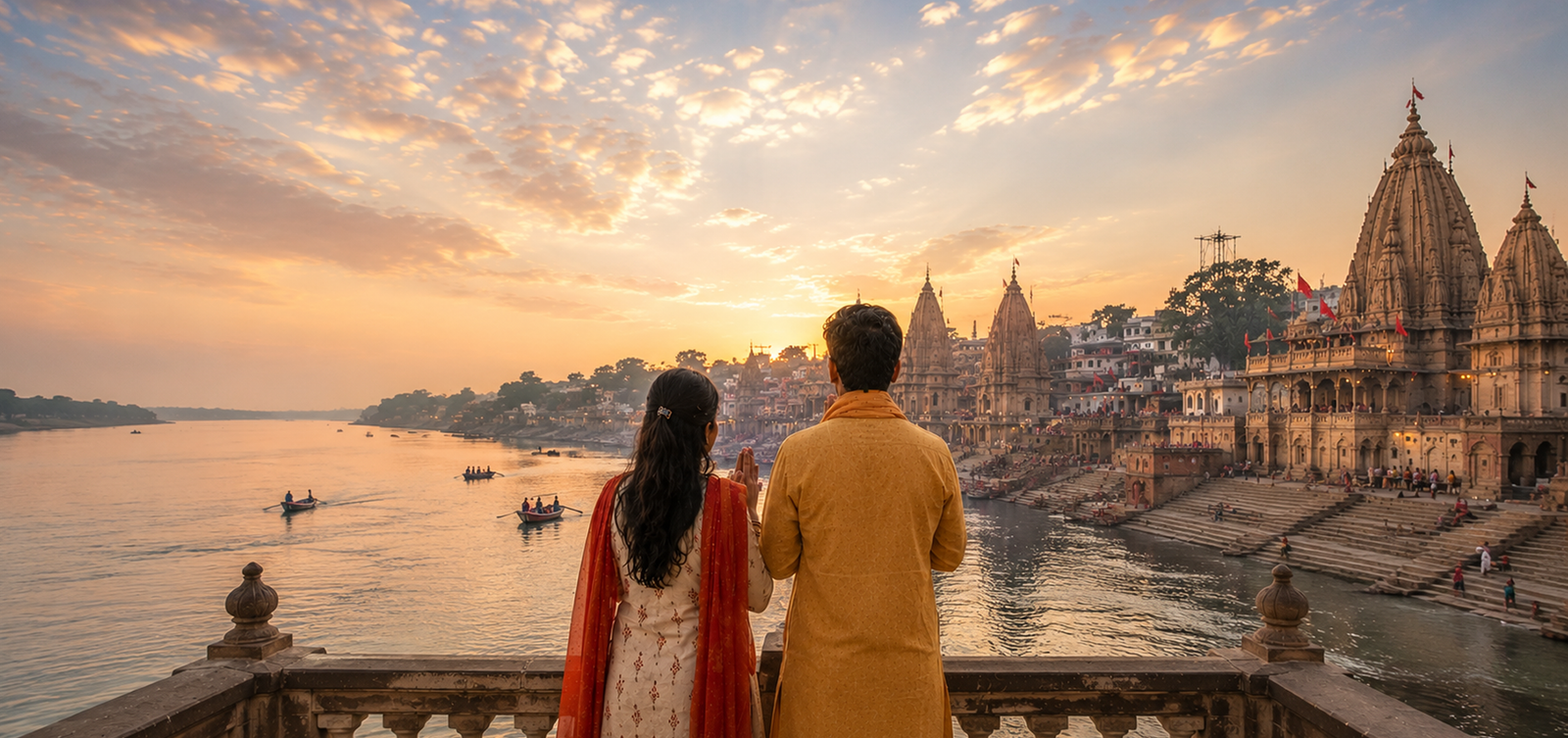 Bhumivox travellers overlooking the sacred river ghats and temple spires at sunrise