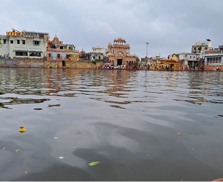 Sacred water kund and ghats at Govardhan in Braj