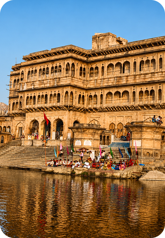 Majestic riverside palace and historic temple ghat along sacred river in Kashi