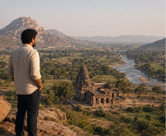 Historian overlooking historic landscape, temples and river valley
