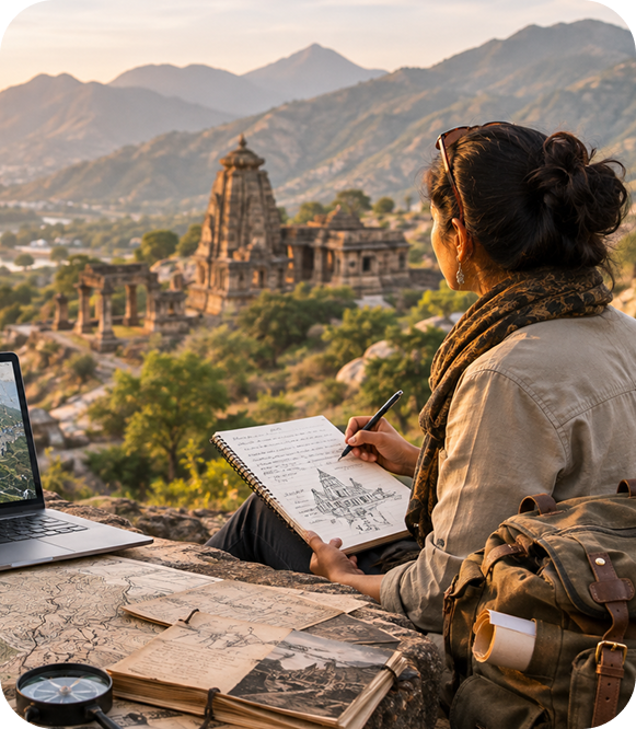 Researcher documenting ancient temple landscape with notebook, laptop and maps