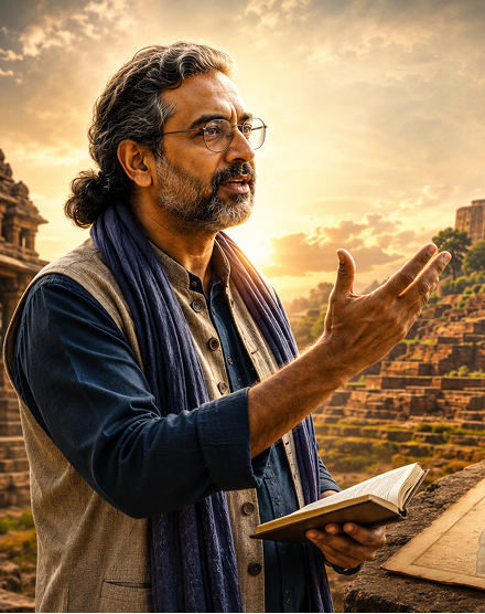 Chandru Ramesh holding a book, gesturing and explaining heritage history on site