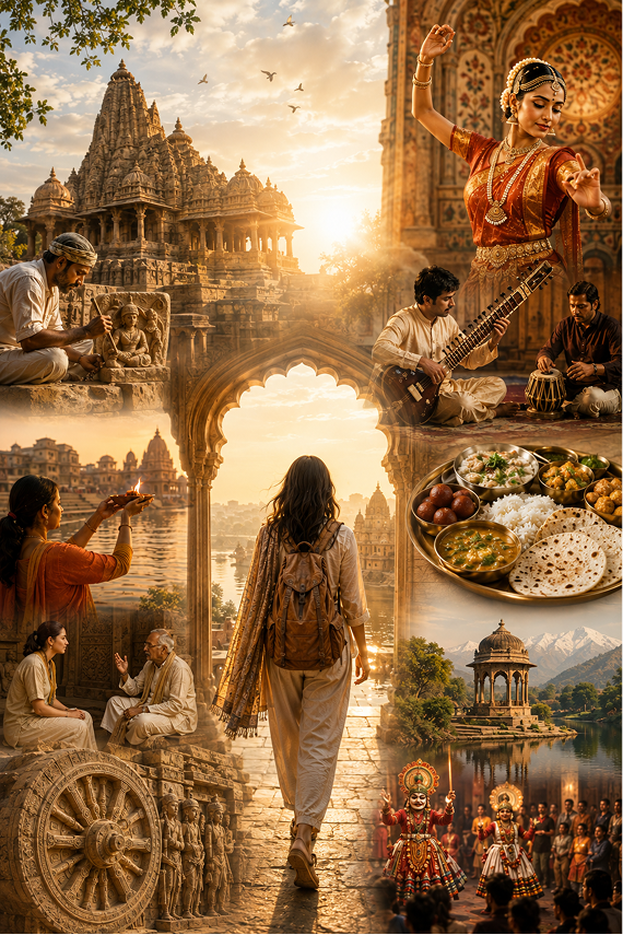 A collage of Indian cultural experiences — temples, dance, music, food, rituals and landscapes