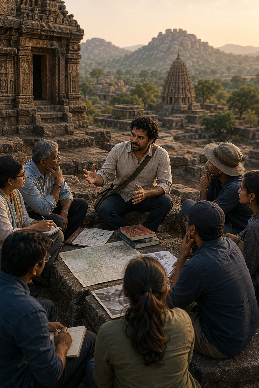 Chandru Ramesh leading field conversation with travellers on ancient temple stone steps
